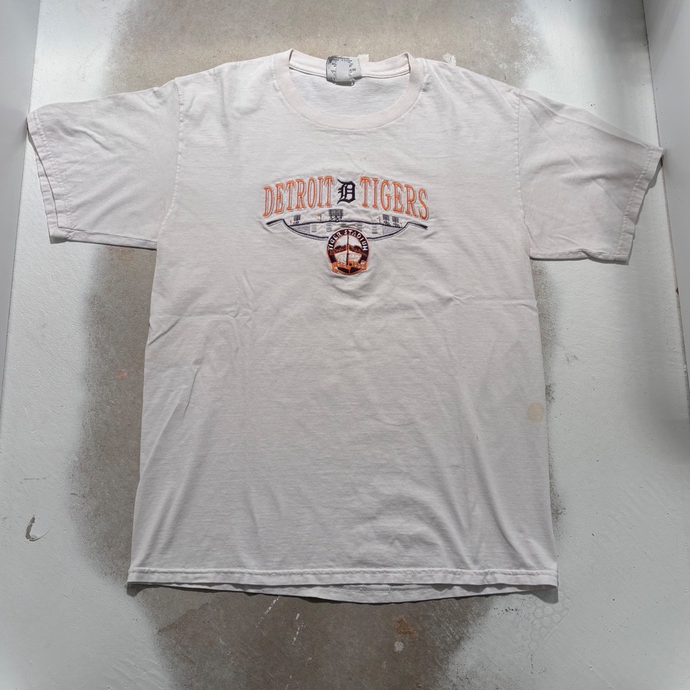 Vintage Lee Sport Detroit Tigers Tiger Stadium Embroidered T-Shirt White Large